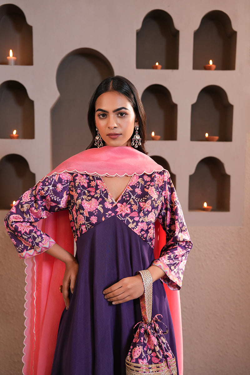 Banafshi Chintz Anarkali Set With Dupatta