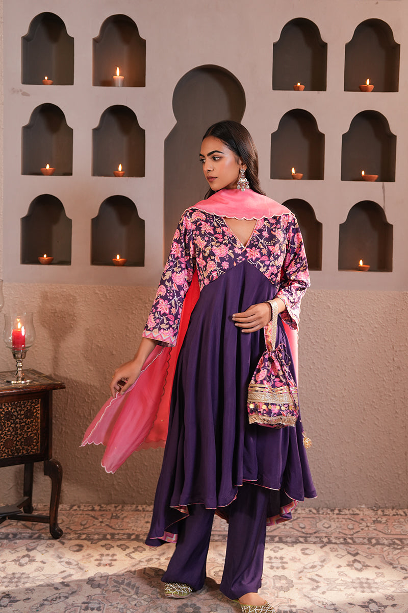 Banafshi Chintz Anarkali Set With Dupatta