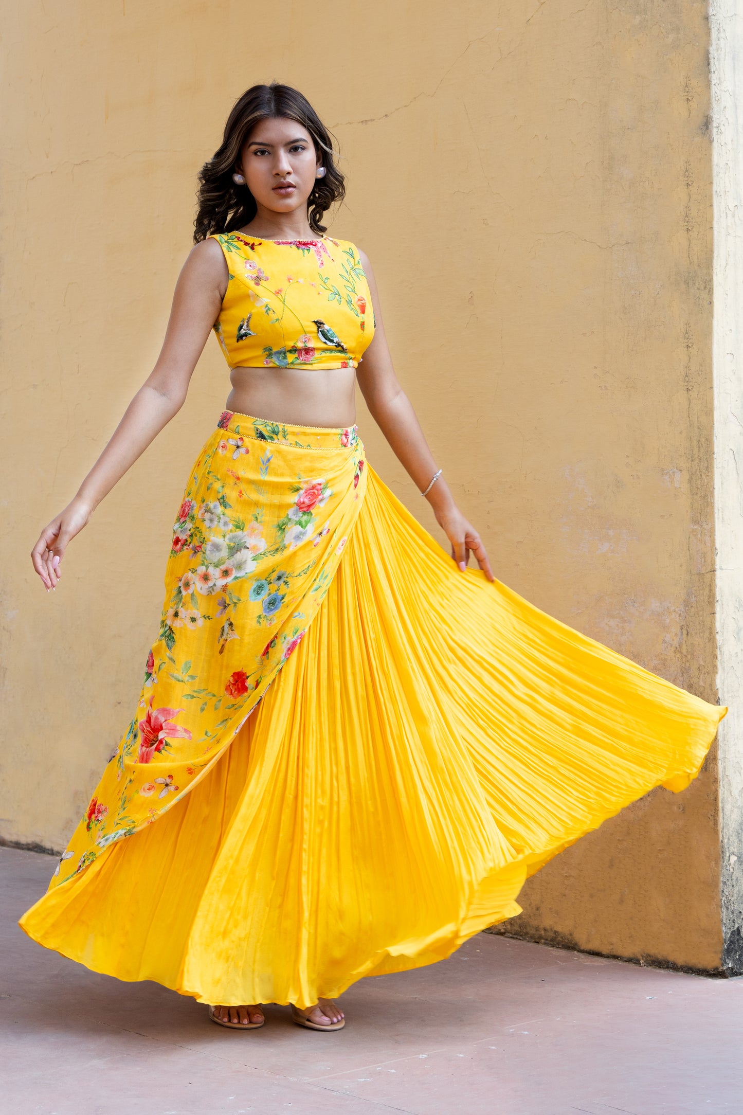Flared drapped skirt with printed blouse