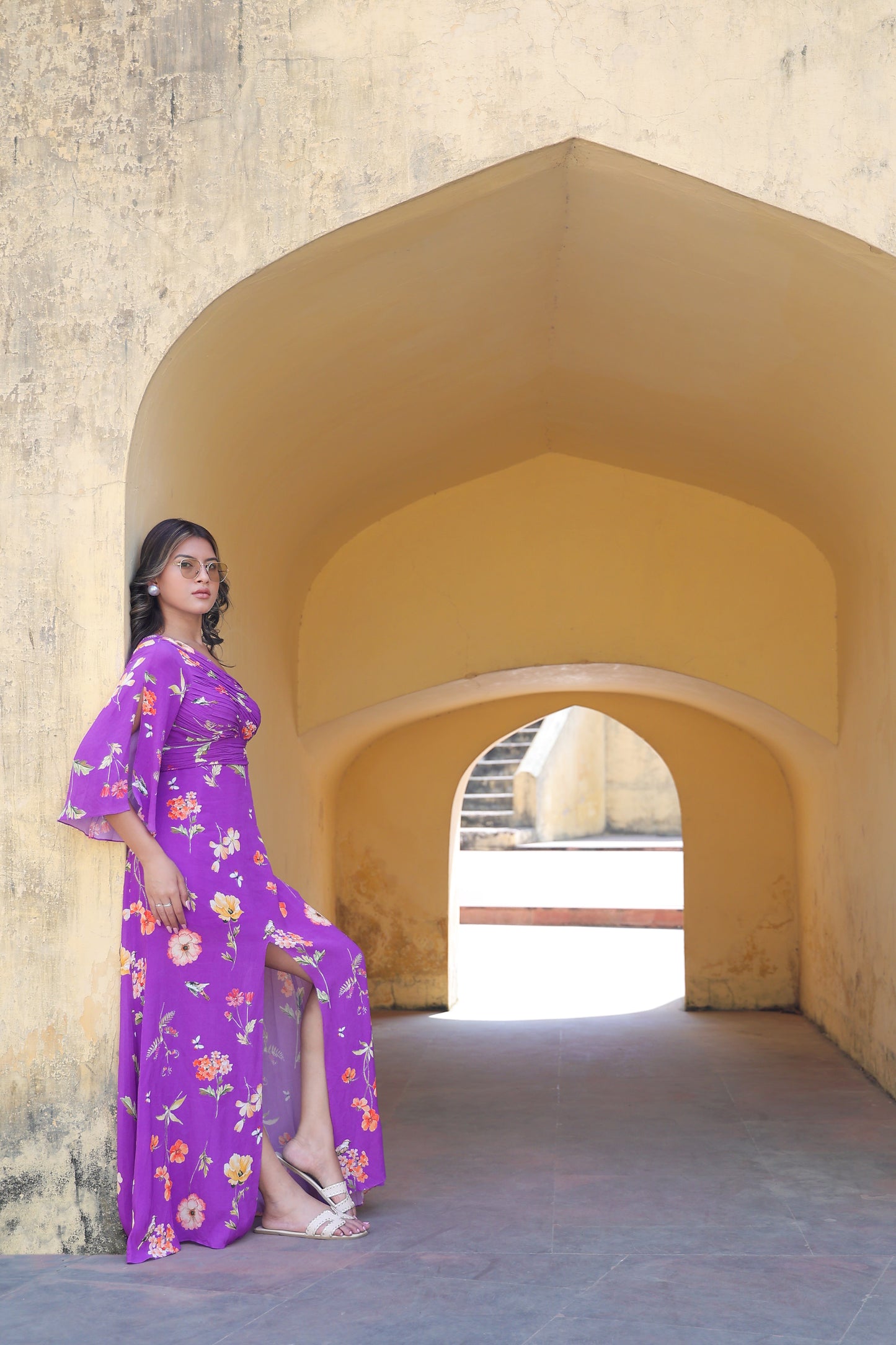 One-shoulder with center slit long dress