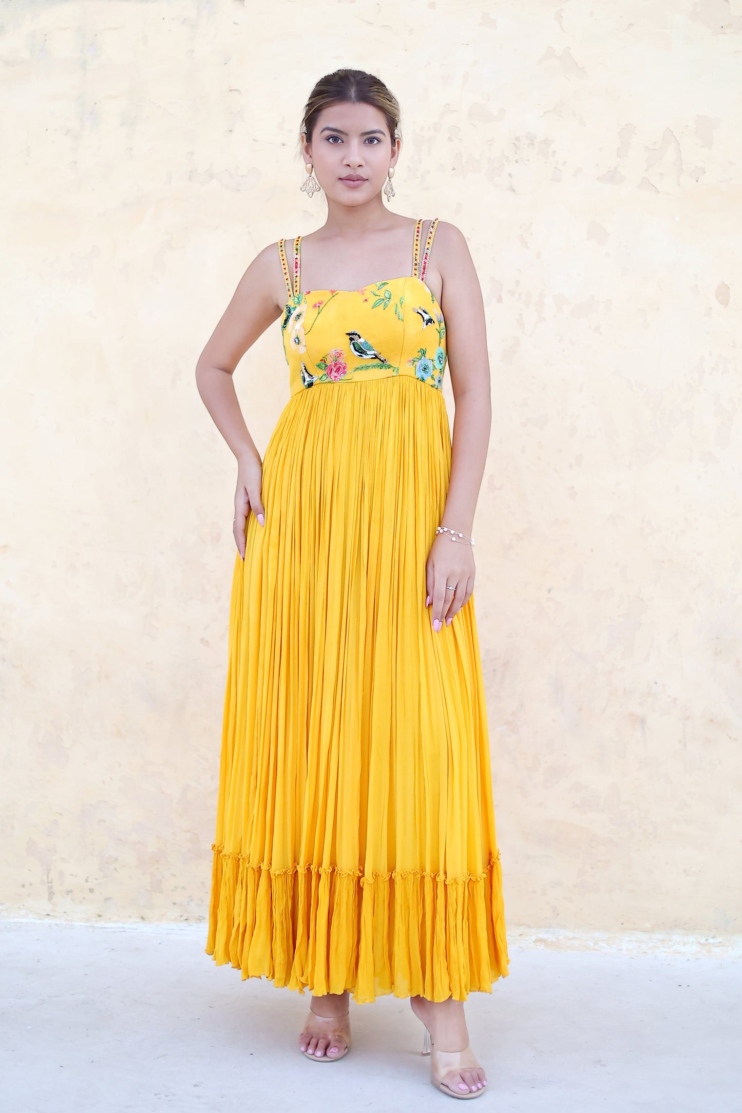 Tiered flared long dress with straps.