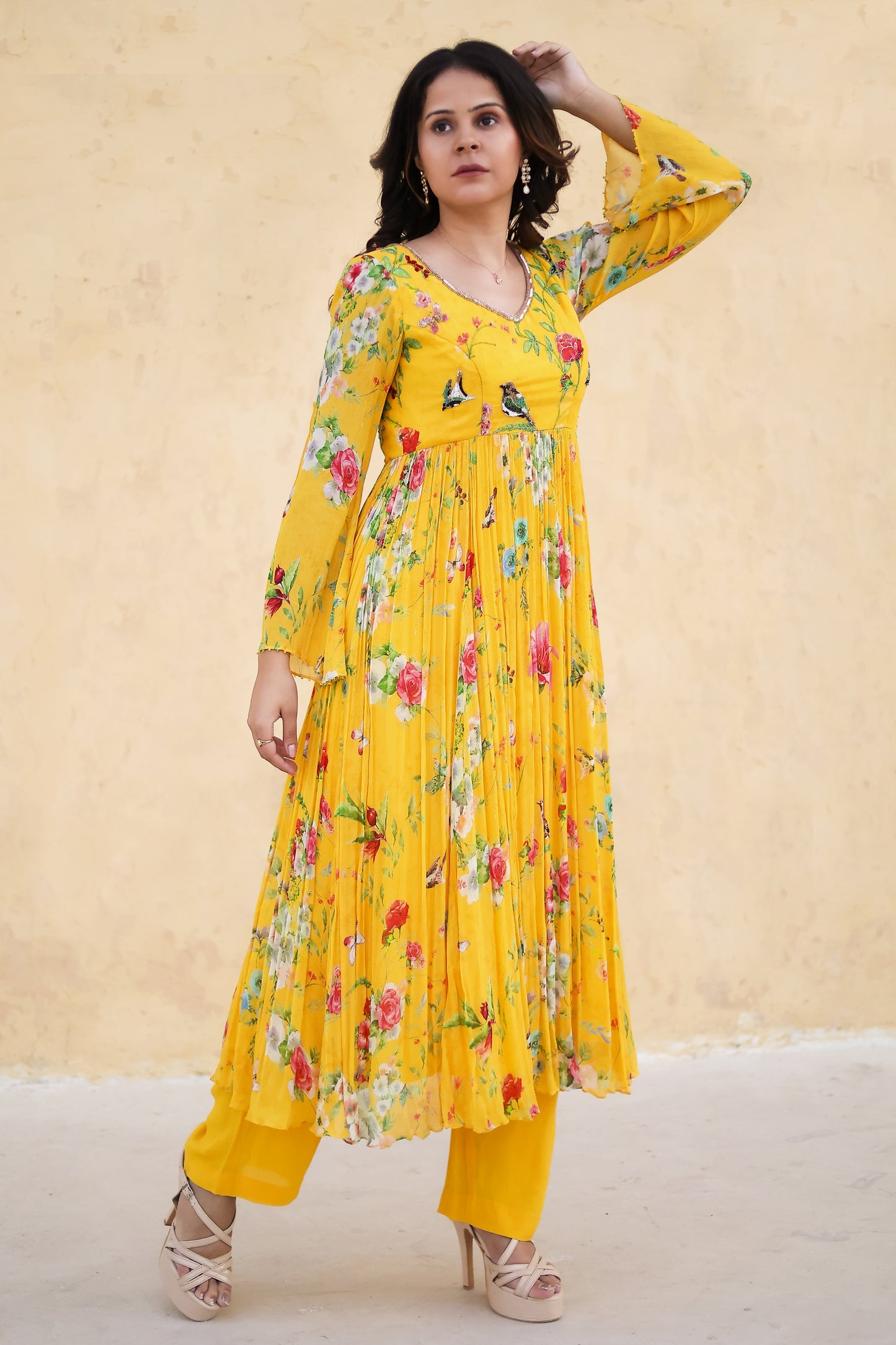 Floral printed Anarkali suit with Organza dupatta.