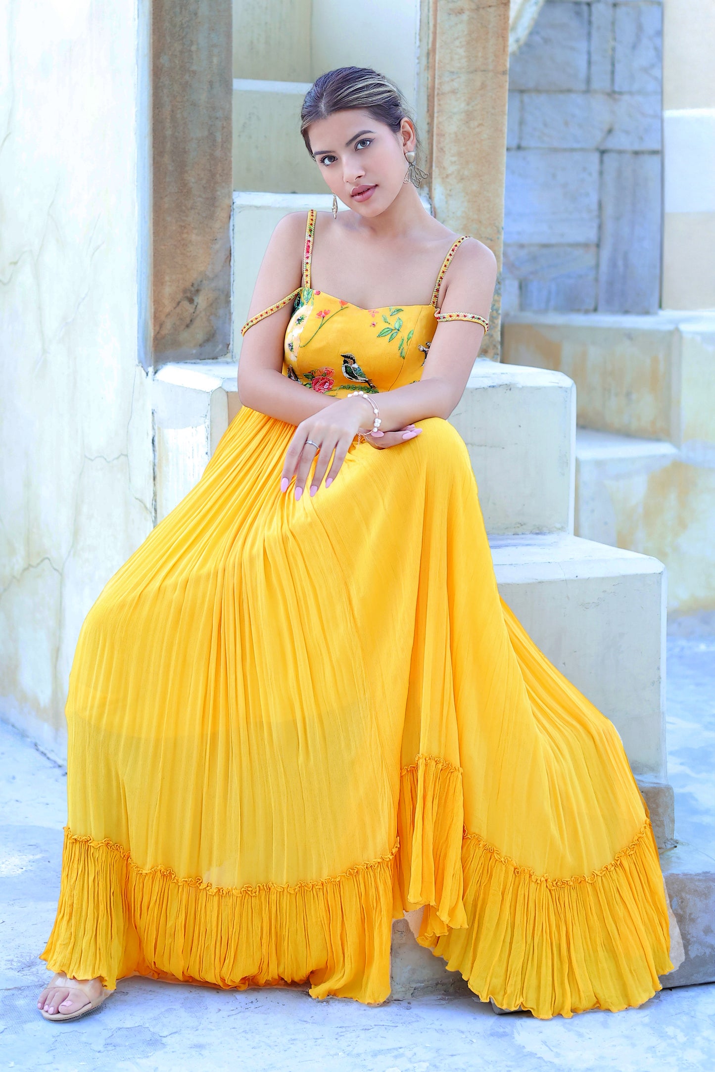 Tiered flared long dress with straps.