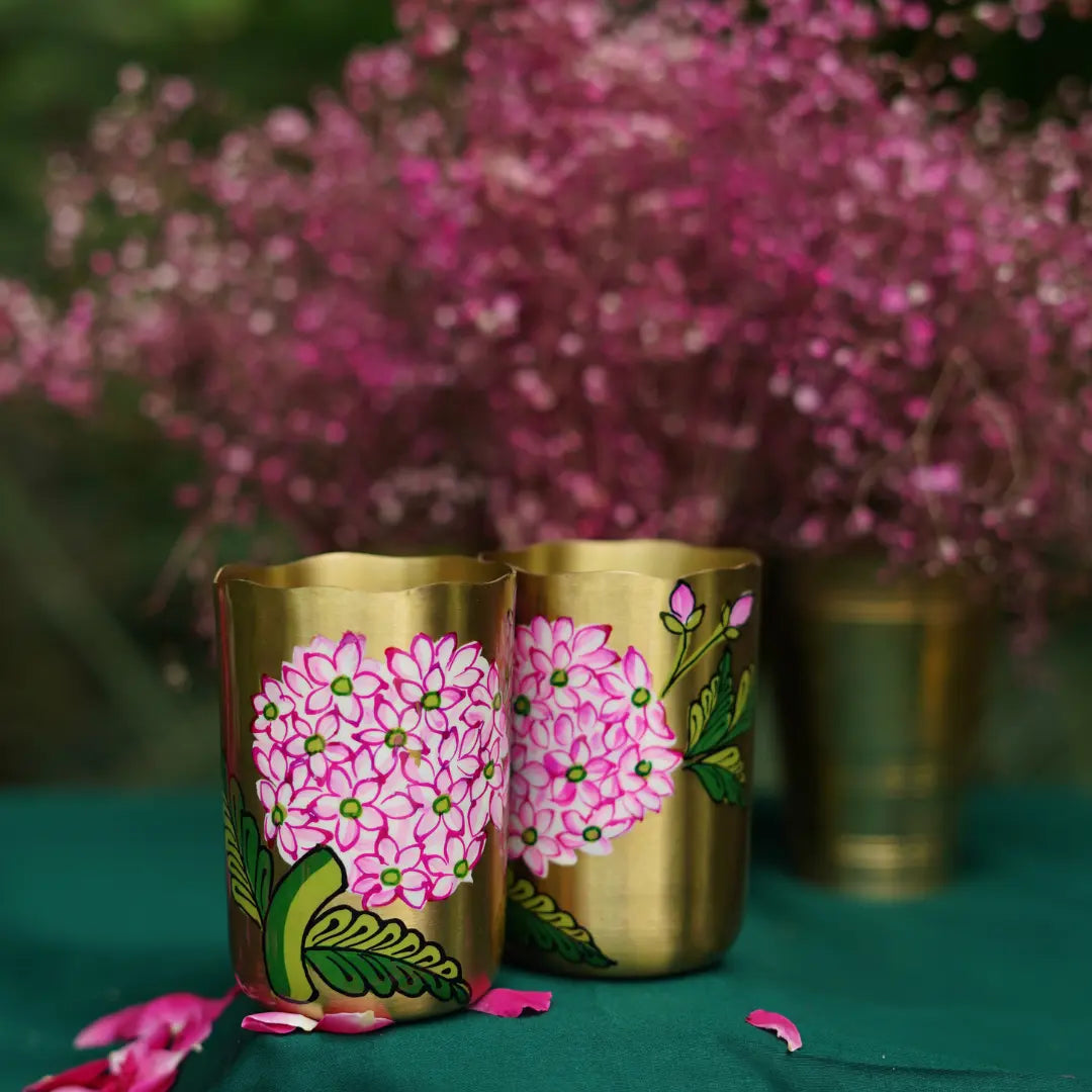 Gulabi Bloom Brass Tumbler : 1 brass tumbler