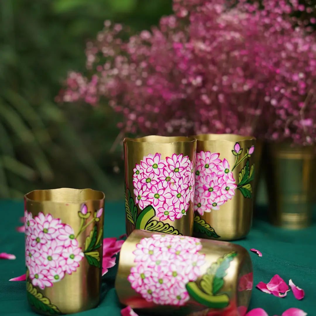 Gulabi Bloom Brass Tumbler : 1 brass tumbler