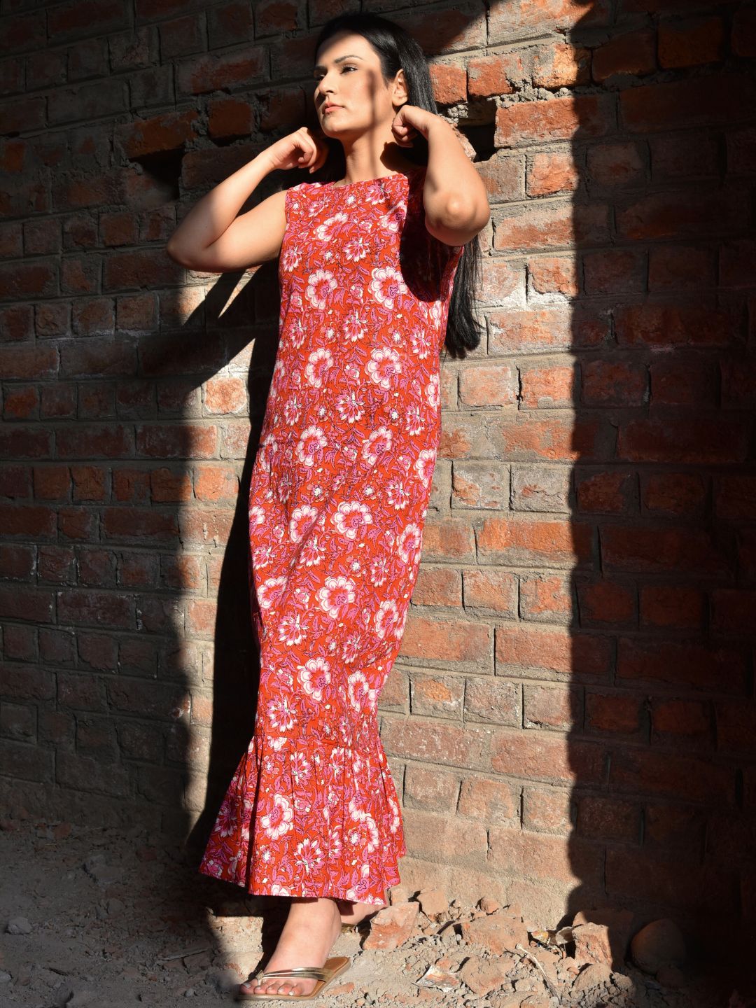 Sleeveless midi dress | Blockprint | Red
