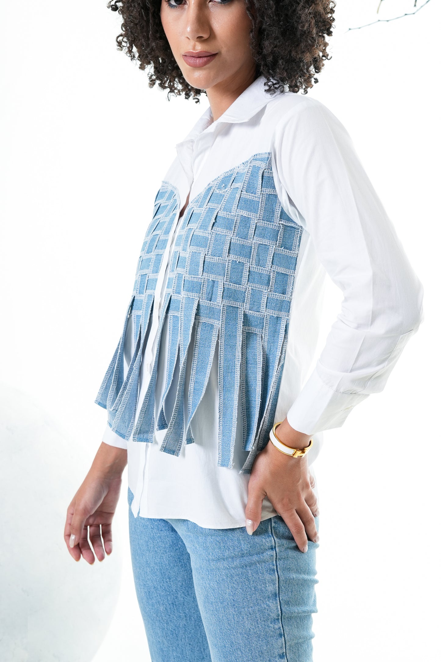 Denim Fringe White Shirt