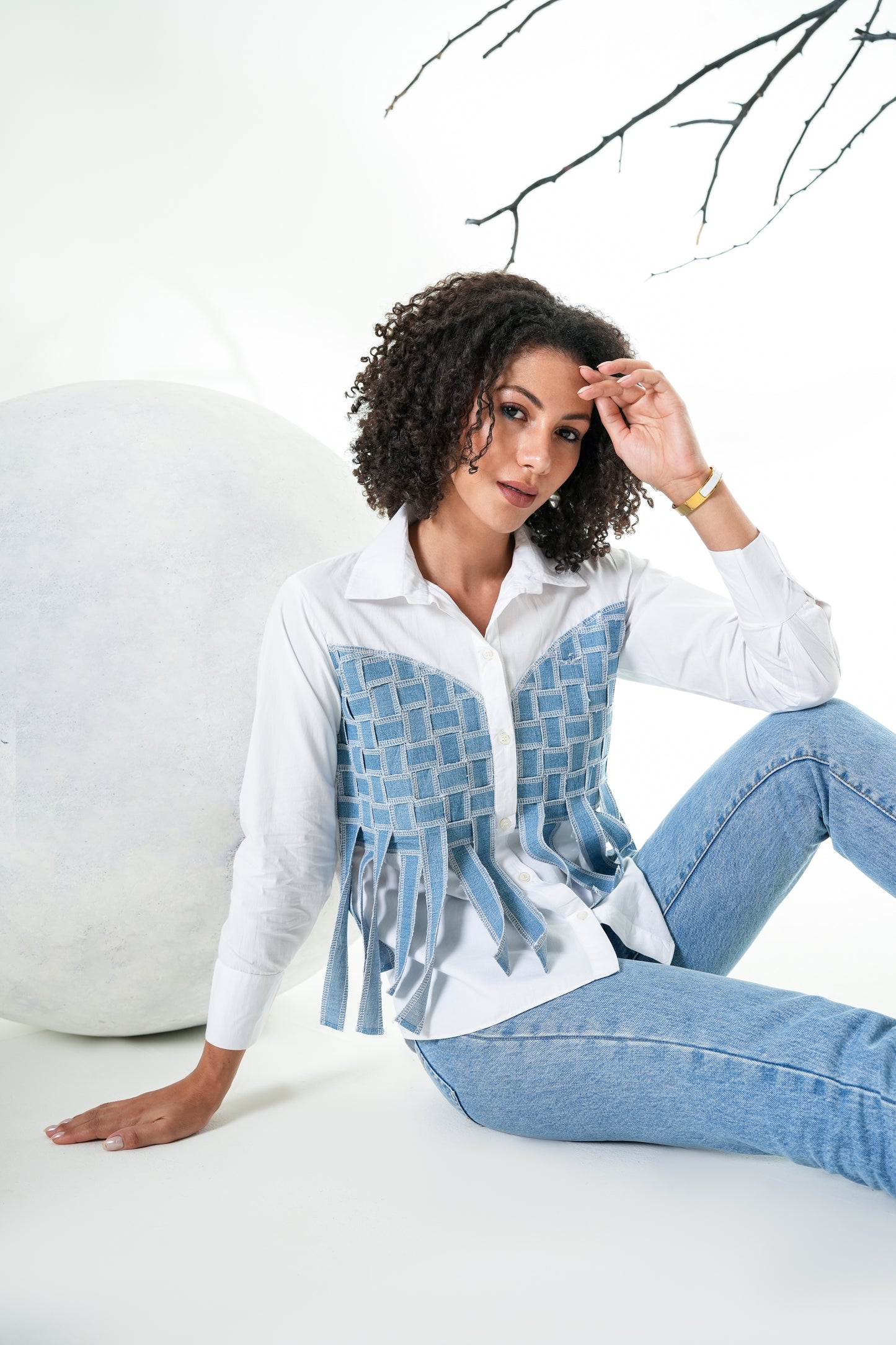 Denim Fringe White Shirt