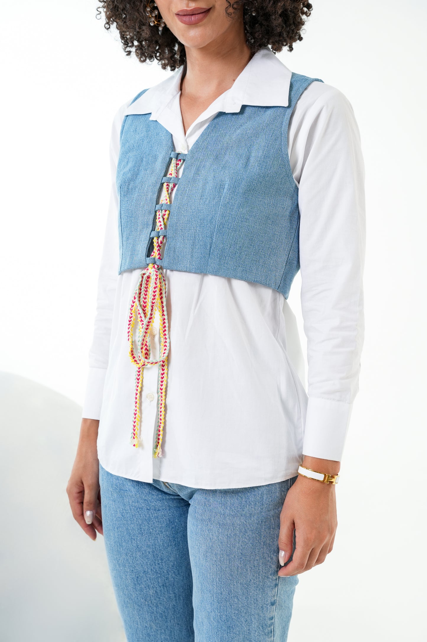 White Shirt with Denim Vest