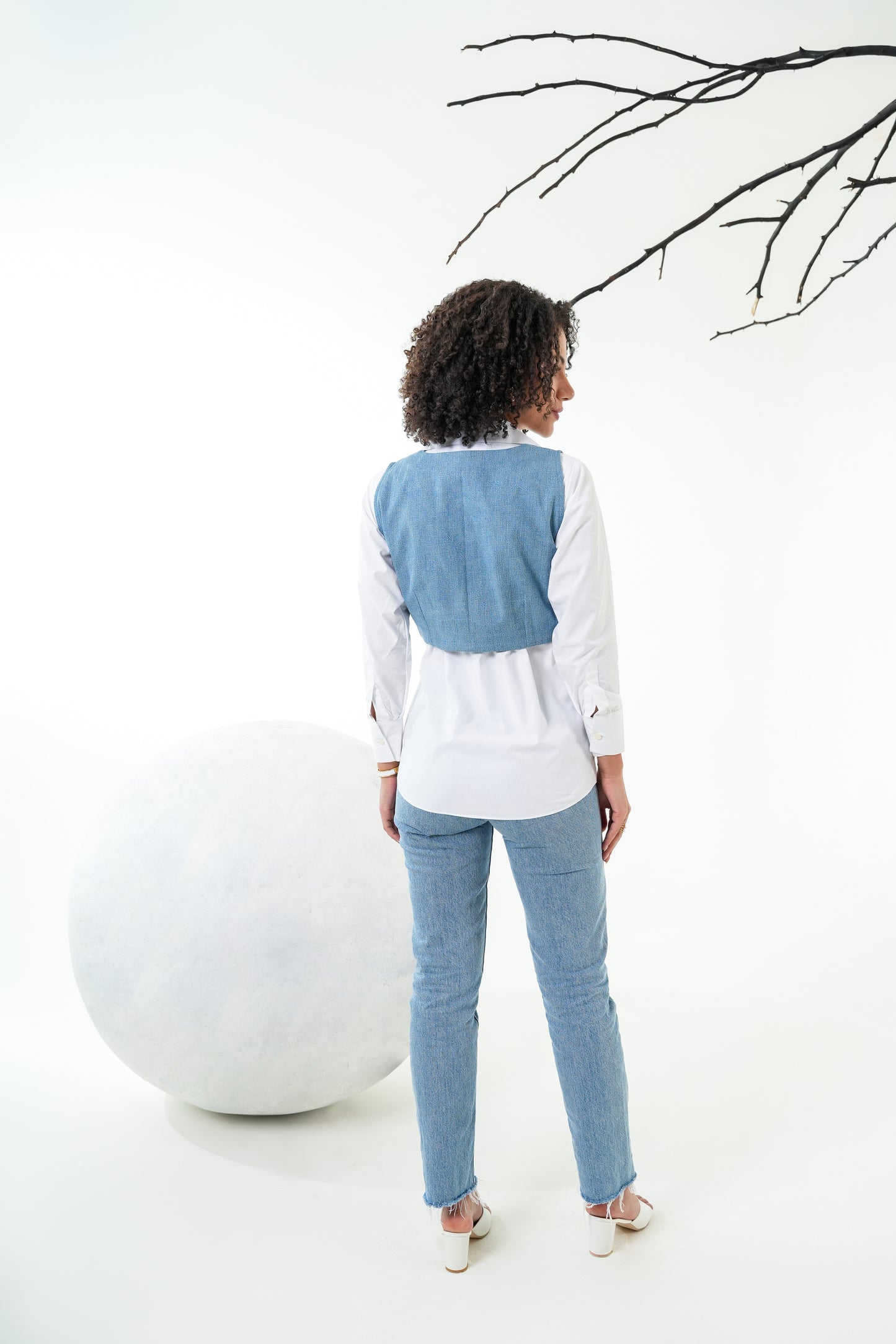 White Shirt with Denim Vest