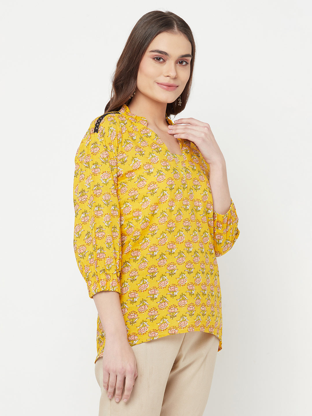 Surya- Blockprinted Yellow blouse with lace