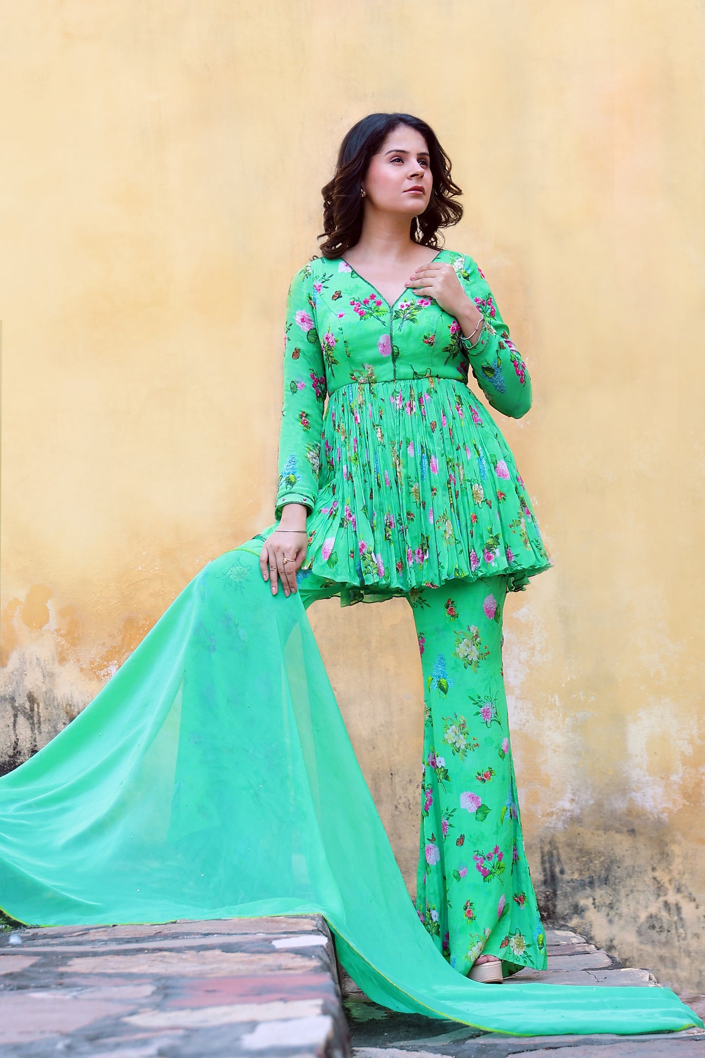 Floral printed suit with Organza dupatta.