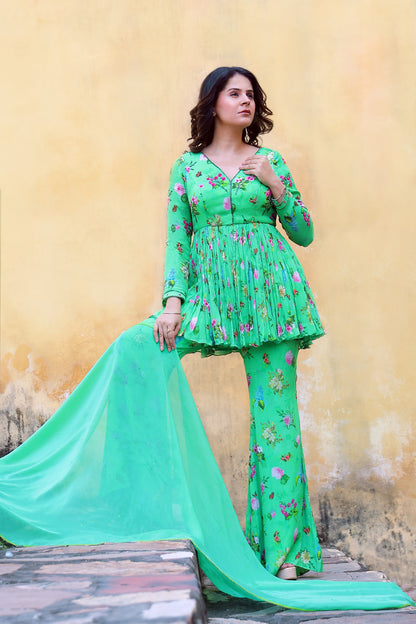 Floral printed suit with Organza dupatta.