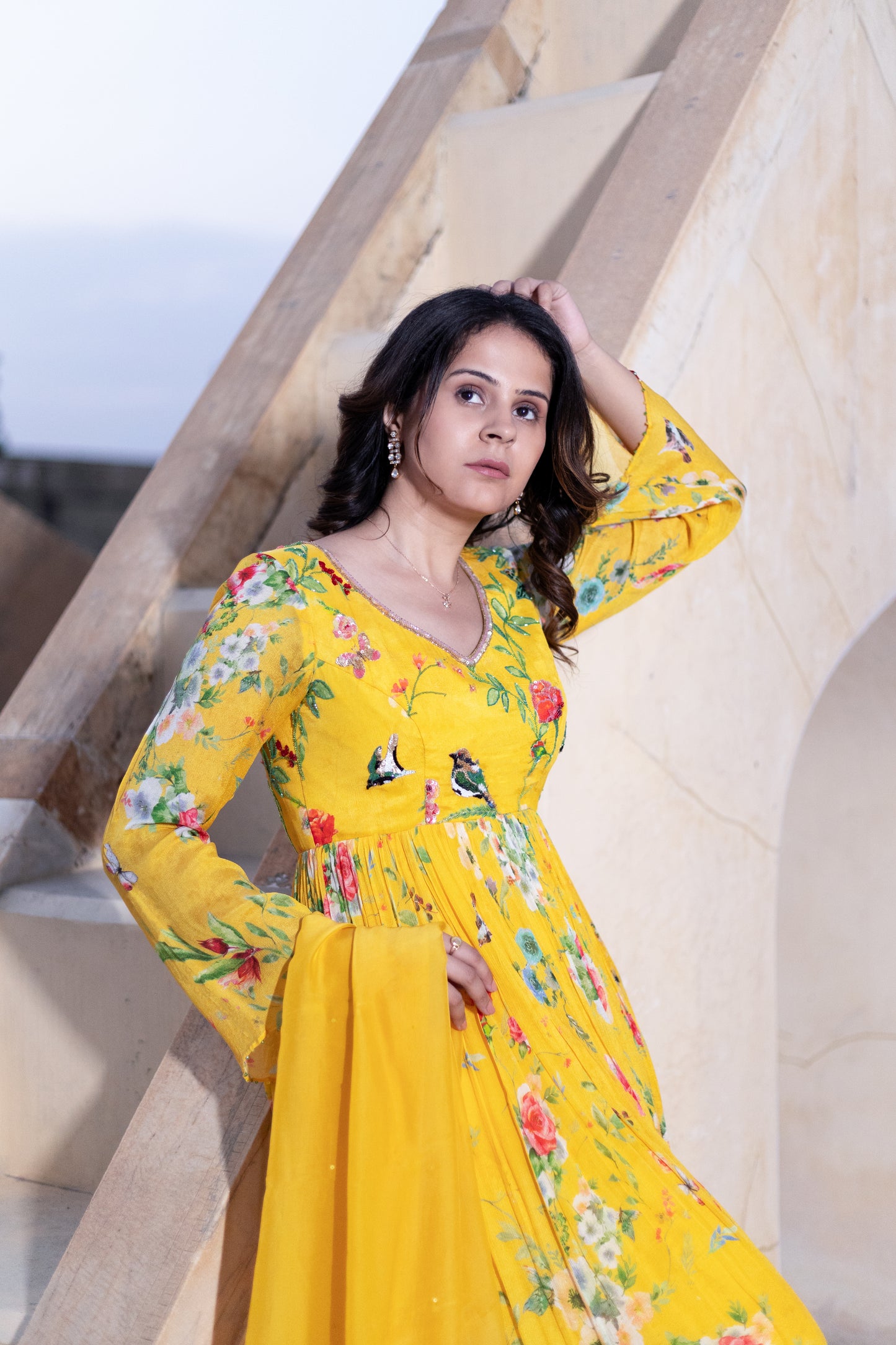 Floral printed Anarkali suit with Organza dupatta.