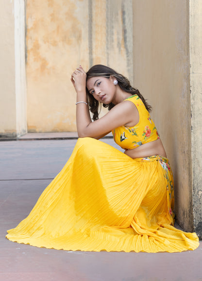 Flared drapped skirt with printed blouse