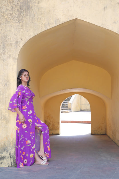 One-shoulder with center slit long dress