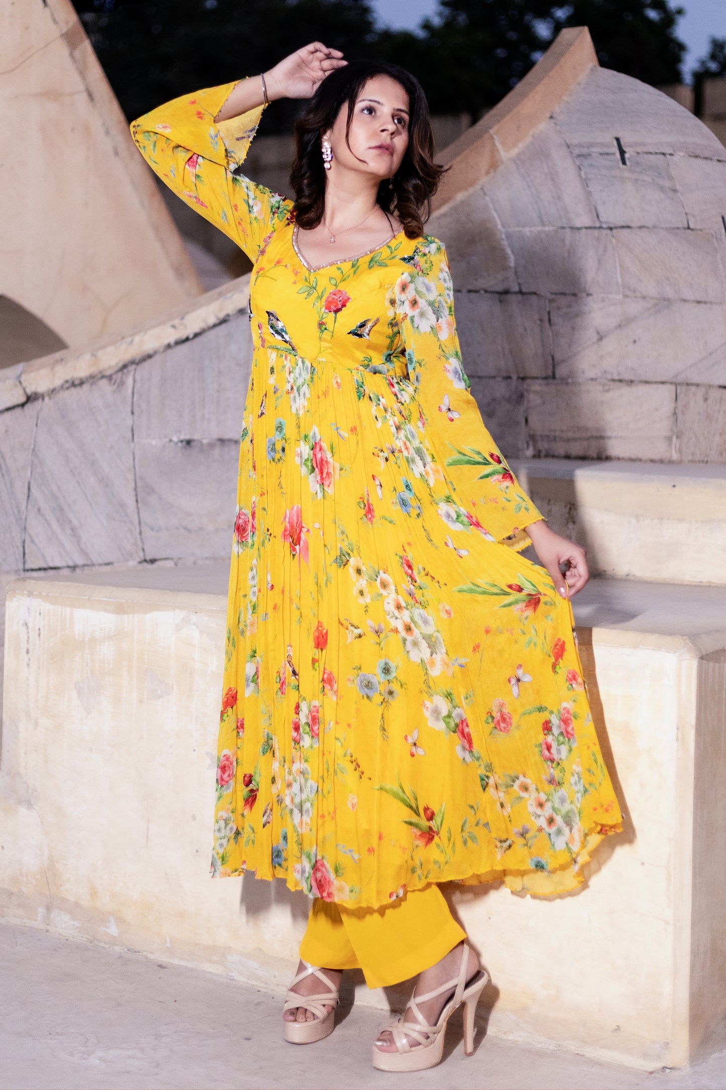 Floral printed Anarkali suit with Organza dupatta.