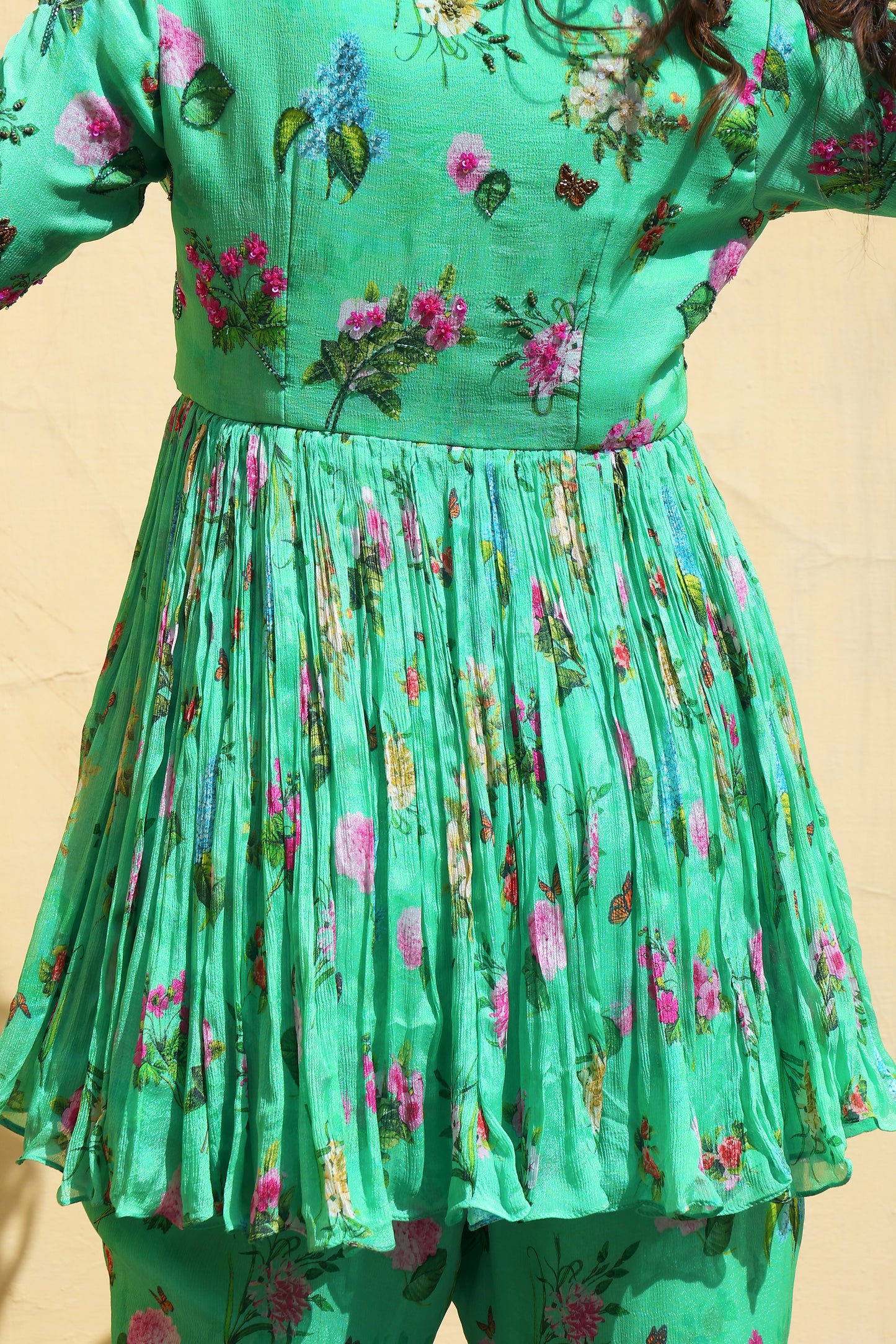 Floral printed suit with Organza dupatta.