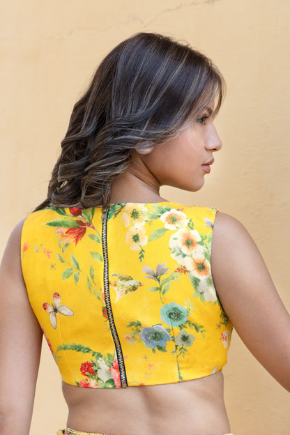 Flared drapped skirt with printed blouse