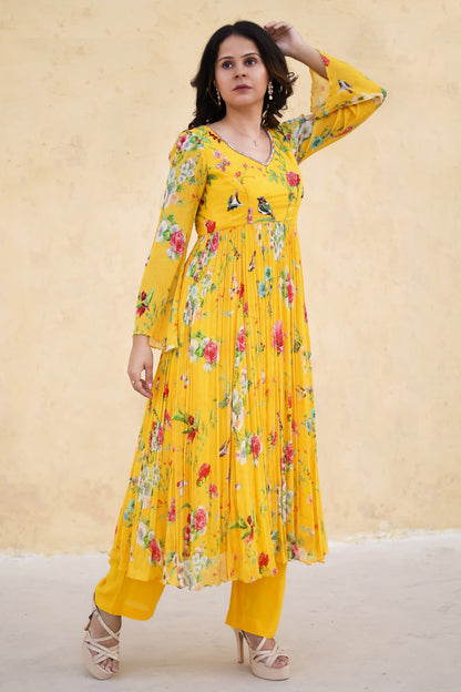 Floral printed Anarkali suit with Organza dupatta.