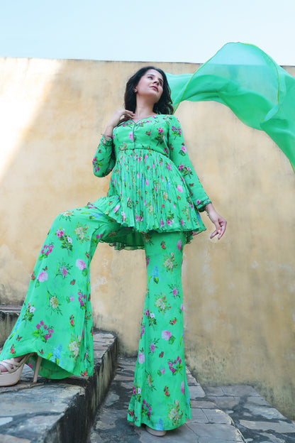 Floral printed suit with Organza dupatta.