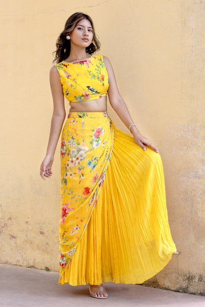 Flared drapped skirt with printed blouse