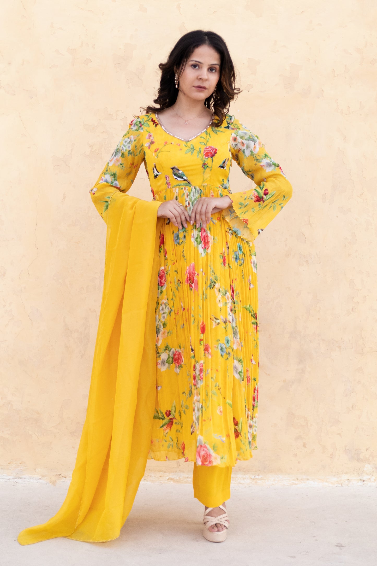 Floral printed Anarkali suit with Organza dupatta.