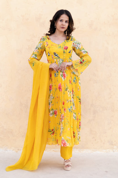 Floral printed Anarkali suit with Organza dupatta.