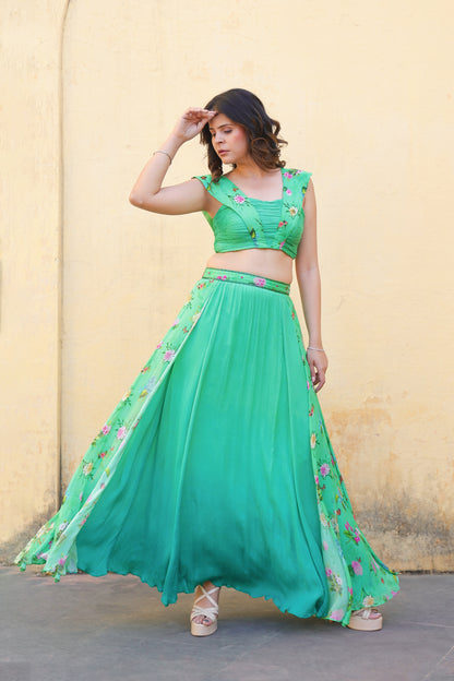Floral strape blouse with ombre lehenga.