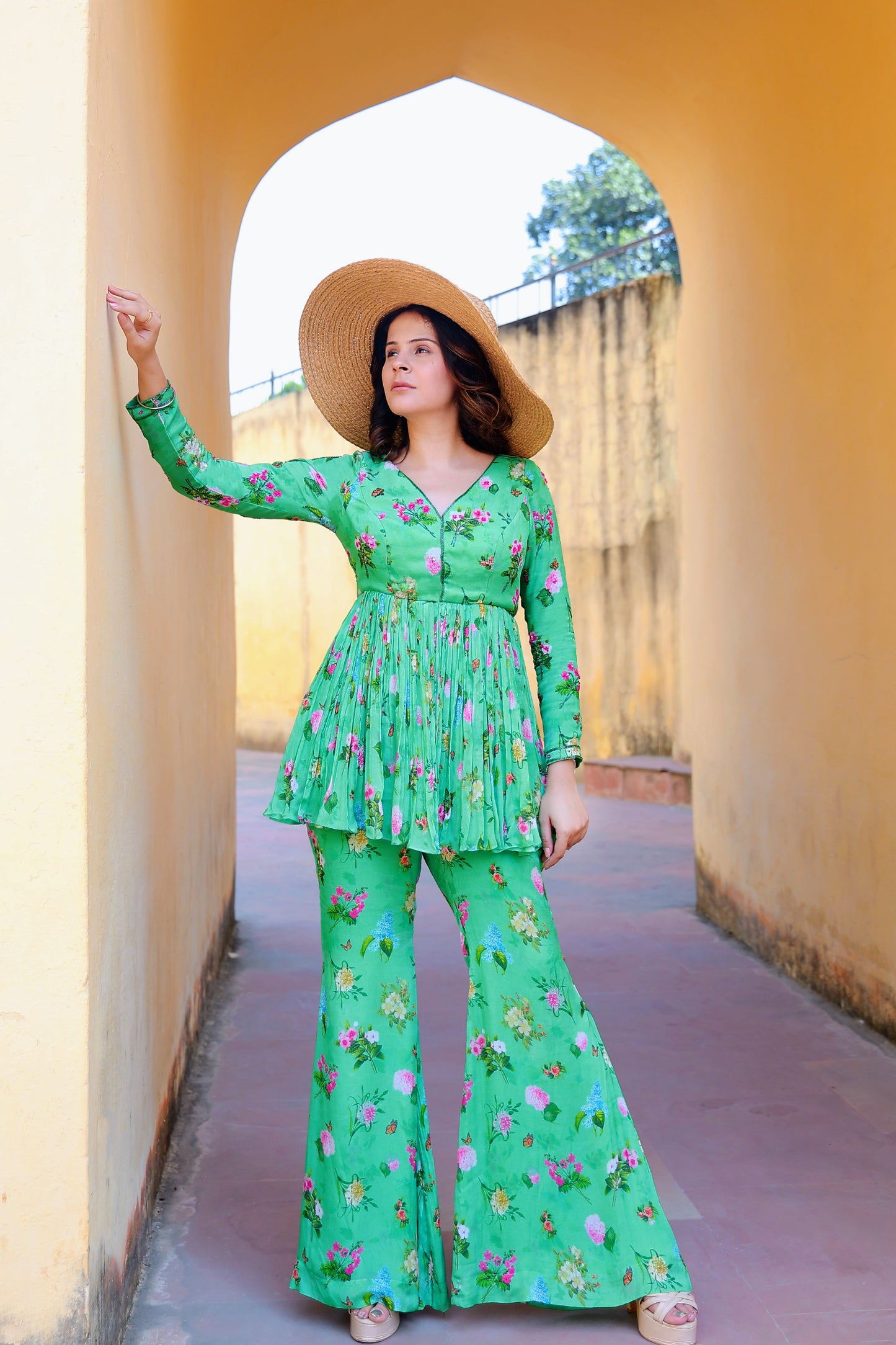 Floral printed suit with Organza dupatta.