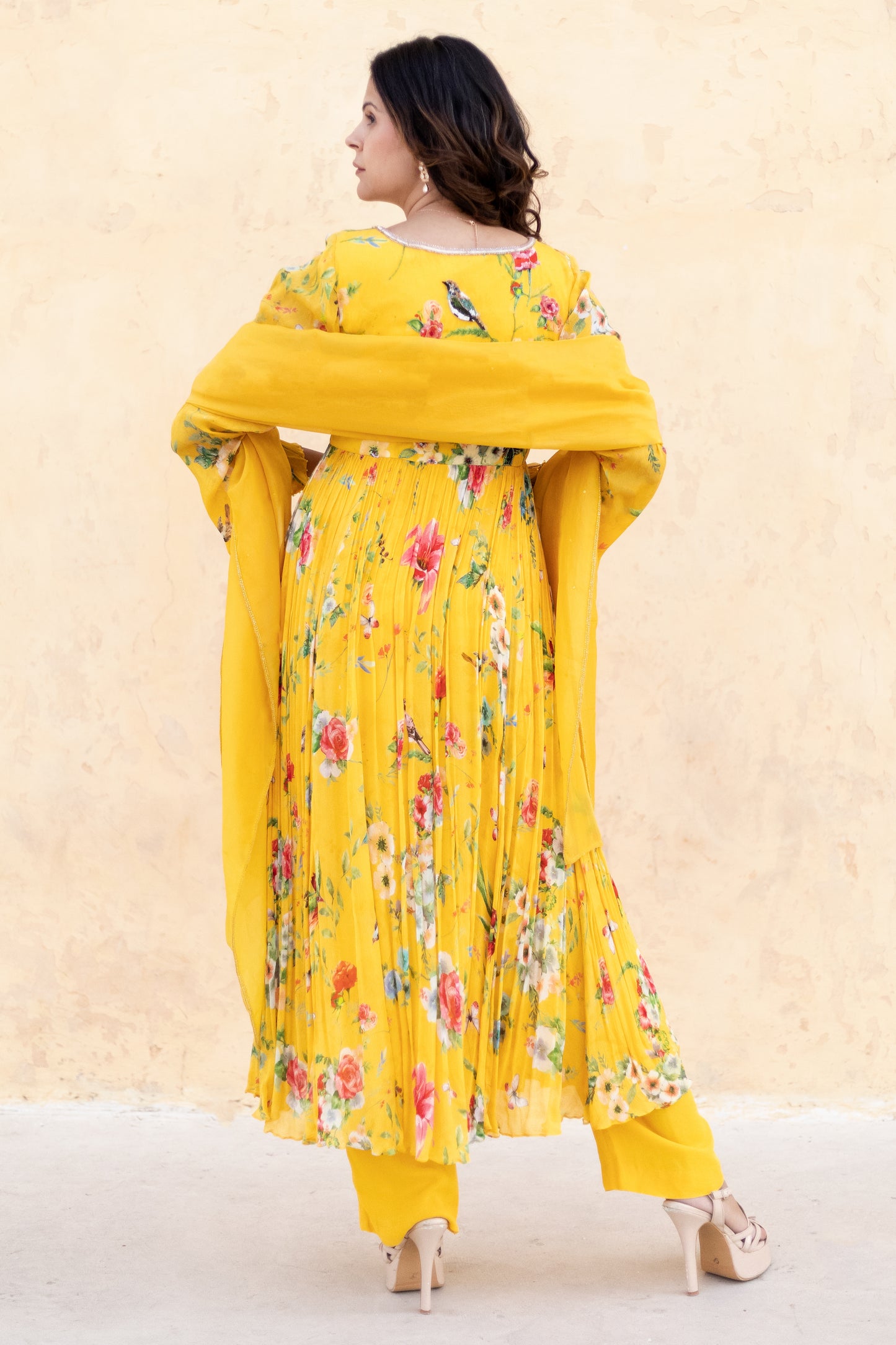 Floral printed Anarkali suit with Organza dupatta.