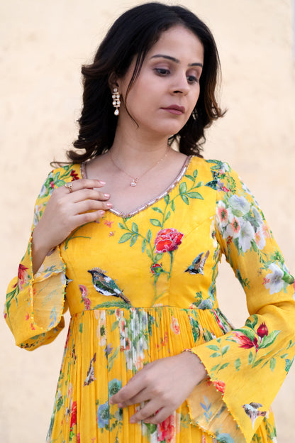 Floral printed Anarkali suit with Organza dupatta.
