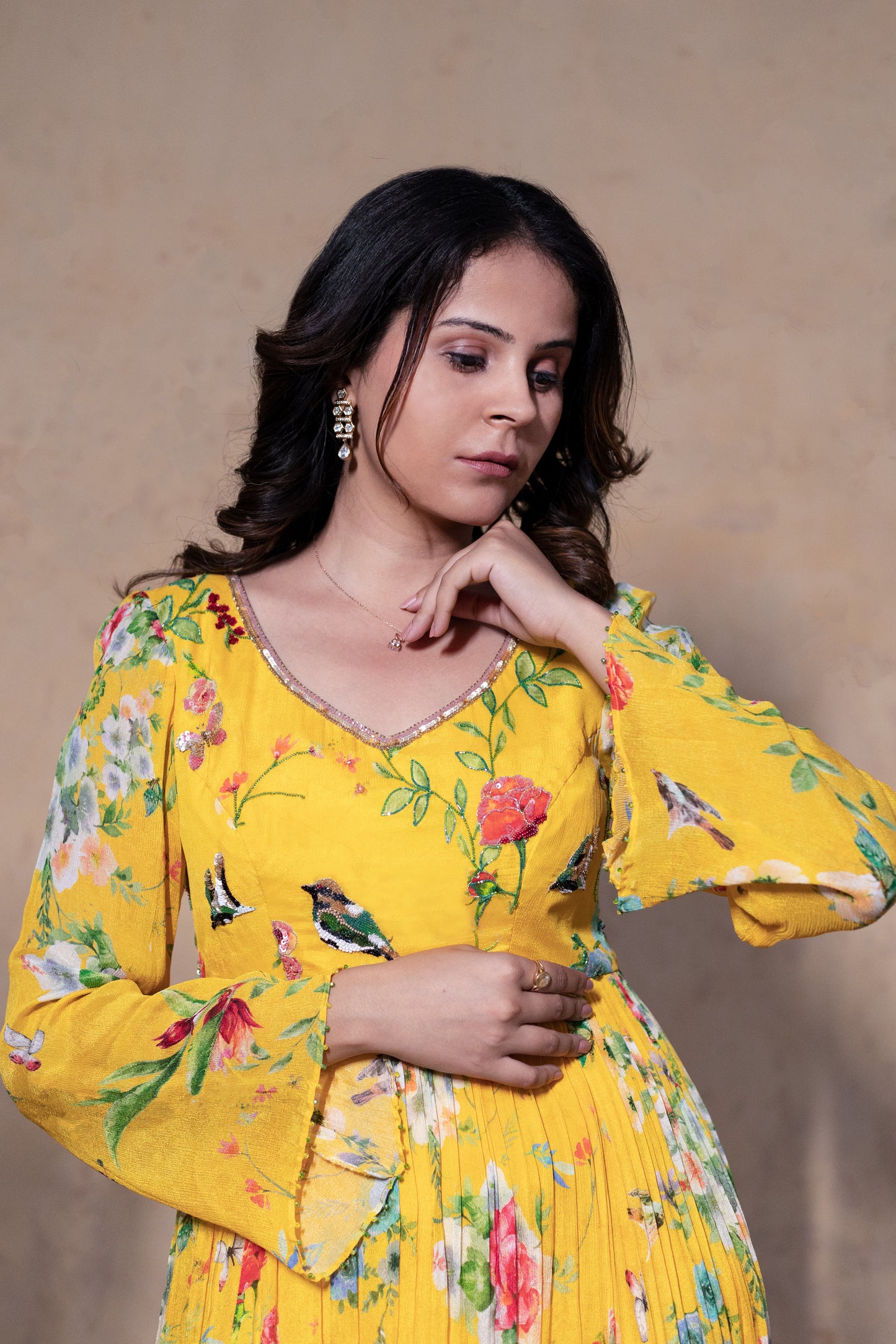 Floral printed Anarkali suit with Organza dupatta.