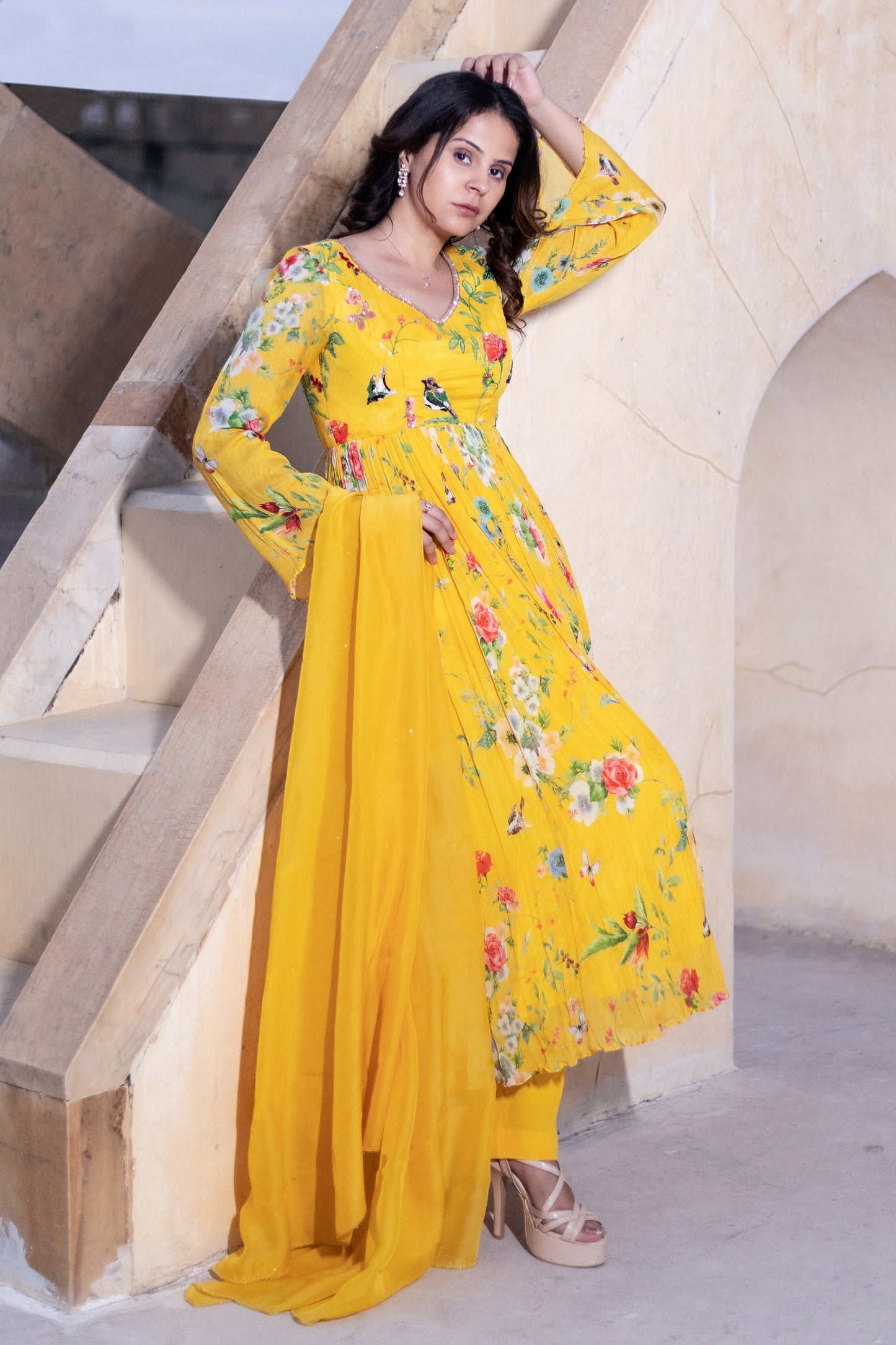 Floral printed Anarkali suit with Organza dupatta.