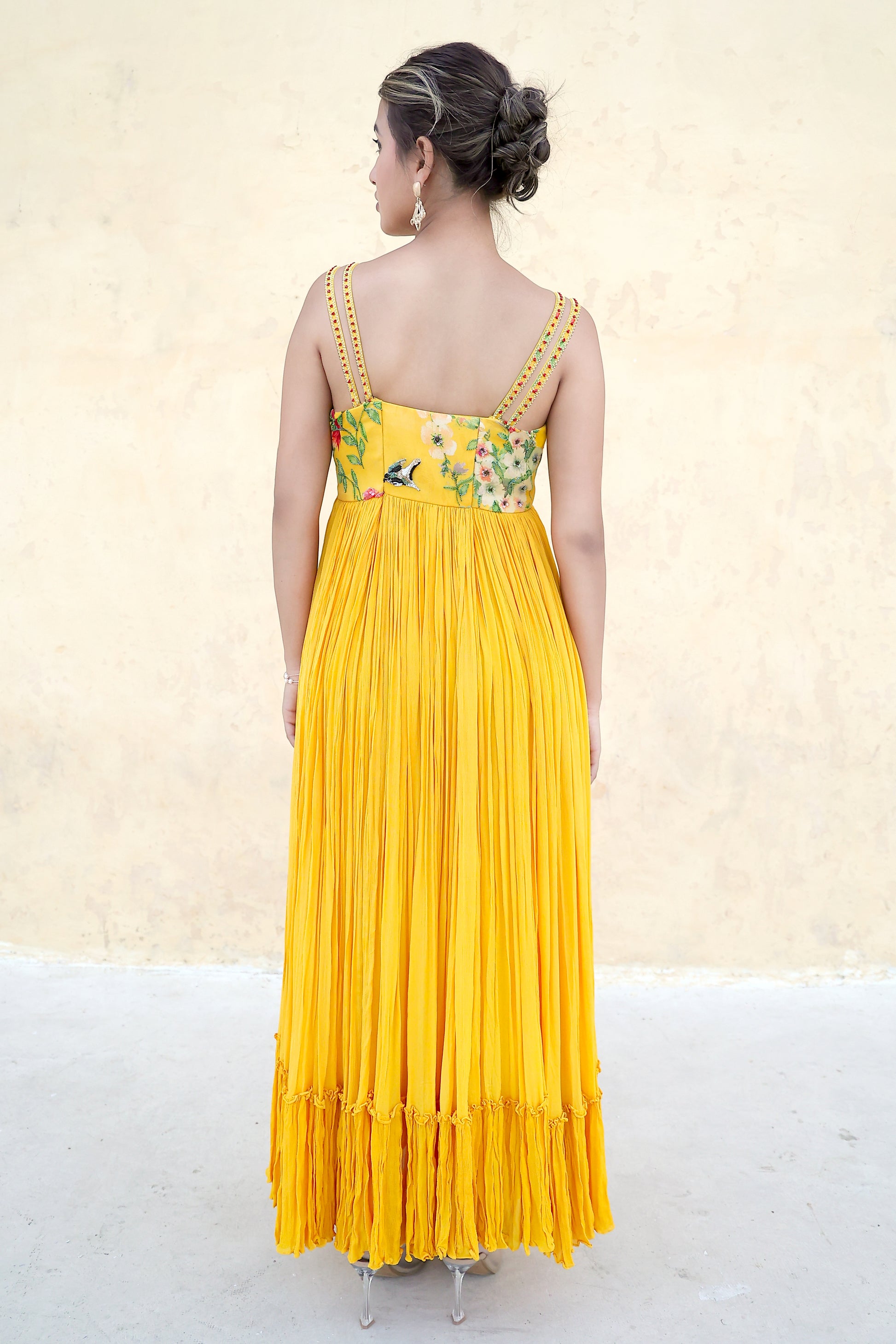 Buy Tiered flared long dress with straps.