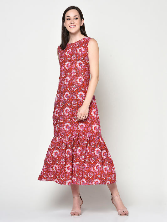 Sleeveless midi dress | Blockprint | Red