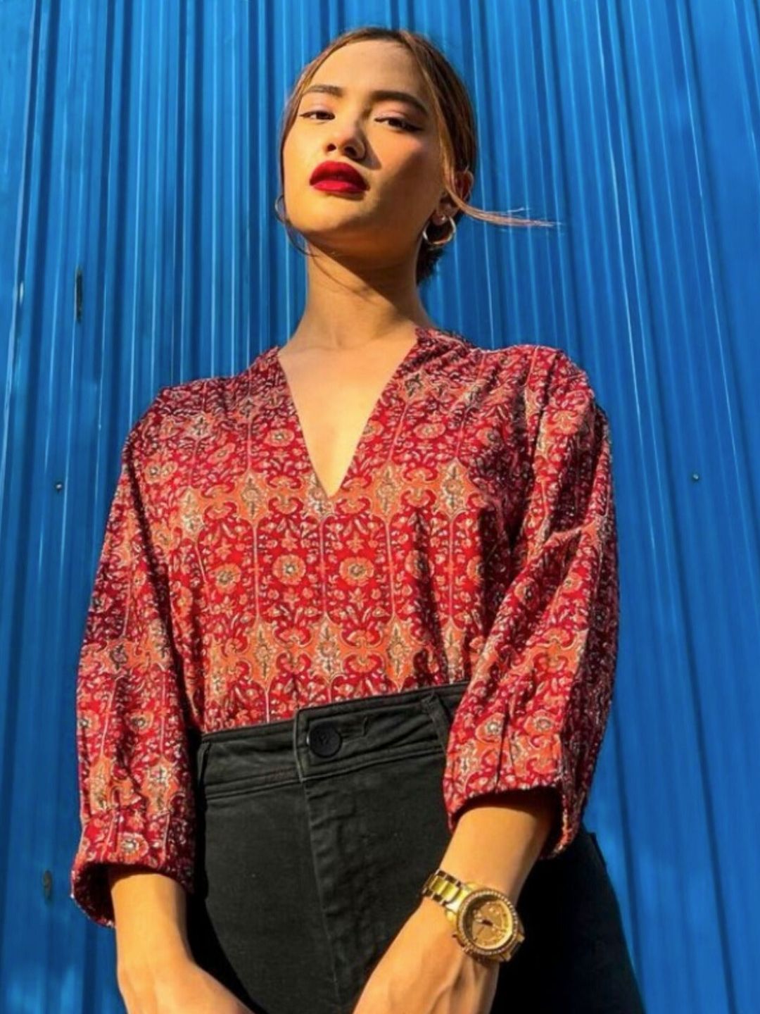 Pure Cotton Block-printed Top | Lace trim | Short sleeves | Ragini