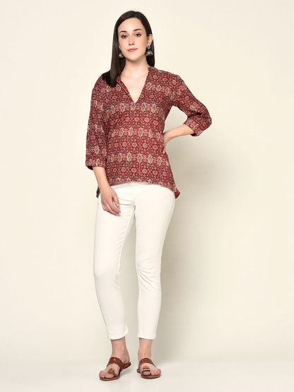 Pure Cotton Block-printed Top | Lace trim | Short sleeves | Ragini