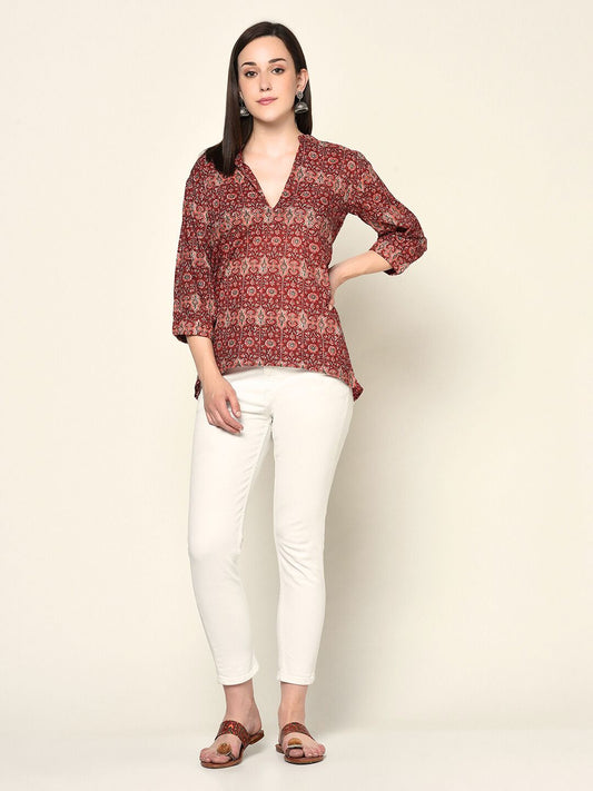 Pure Cotton Block-printed Top | Lace trim | Short sleeves | Ragini