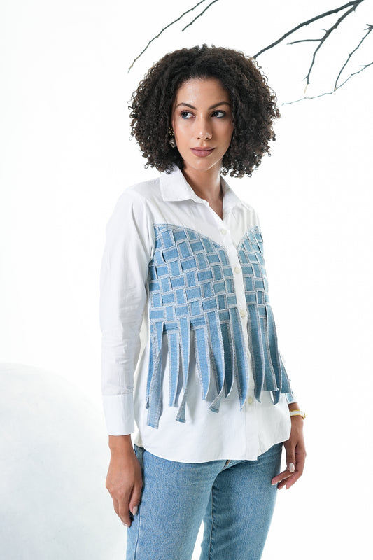 Denim Fringe White Shirt