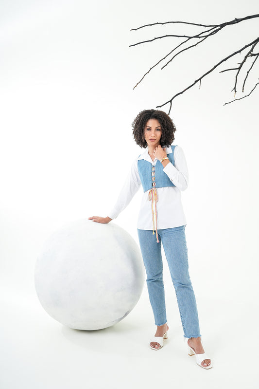White Shirt with Denim Vest