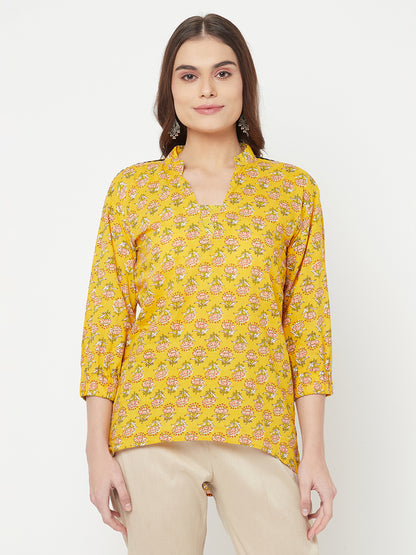Surya- Blockprinted Yellow blouse with lace