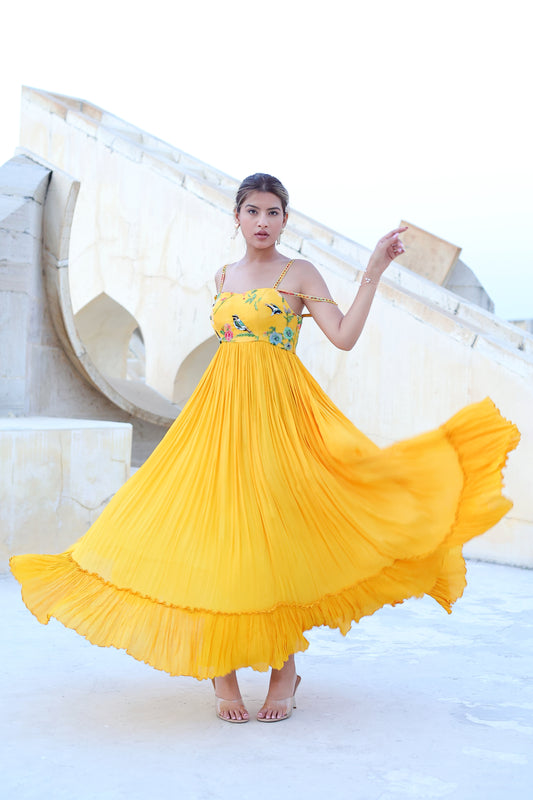 Tiered flared long dress with straps.